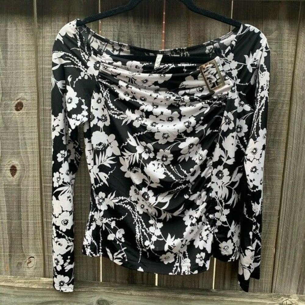 S L Women Blouse Size Large Floral White and Black Long Sleeve Off Shoulder‎